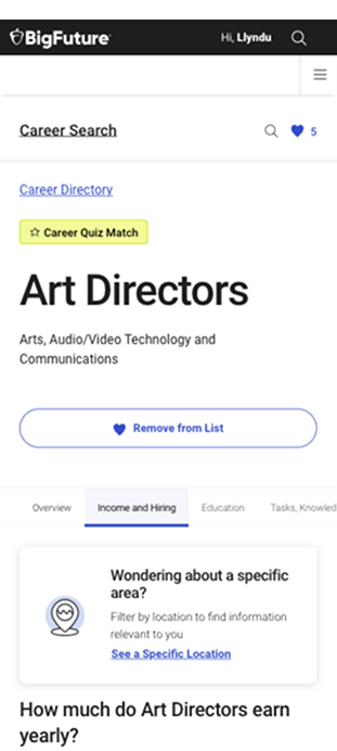 Career profile Income info, mobile view
