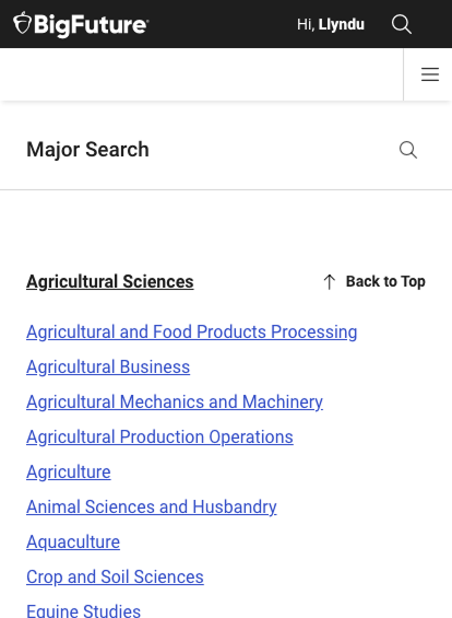 Majors directory, mobile view